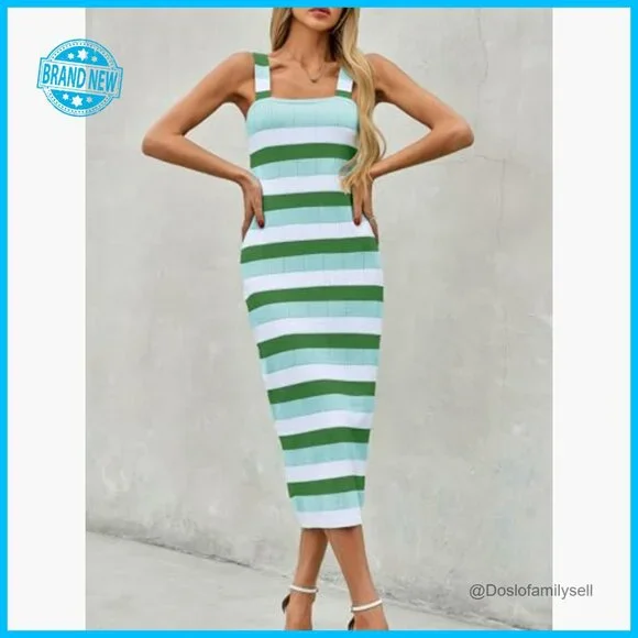 Striped Bodycon Midi Dress Sleeveless Square Neck Knit Summer Chic Casual - Picture 3 of 7